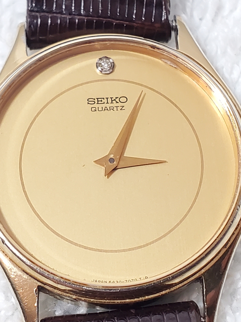 Vintage Seiko 1980's Gold Plated Women's Watch Diamond Dial 7 Jewels Leather